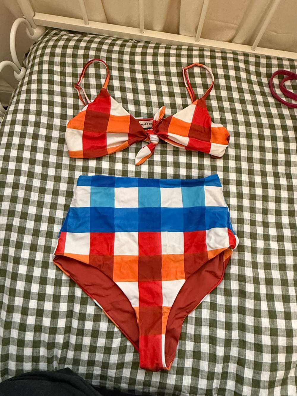 Mara Hoffman Red Orange Blue Check High-Waist Bikini